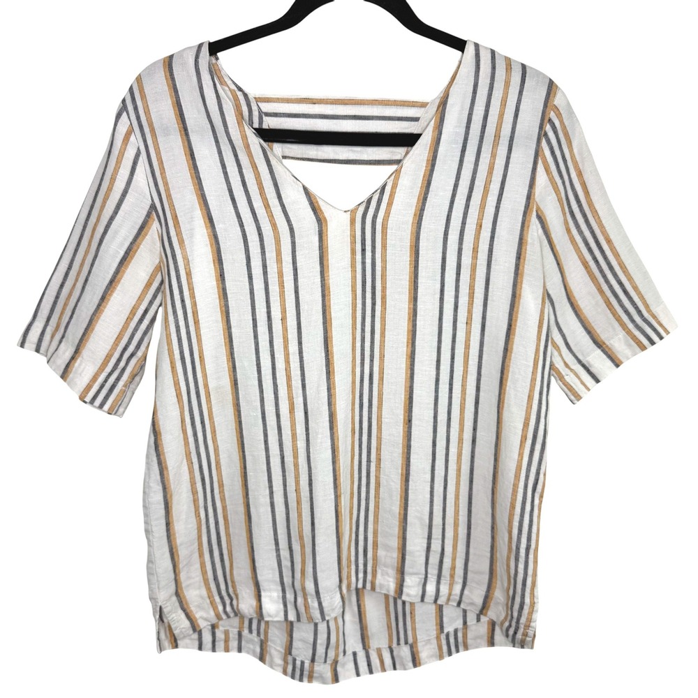 Wrap‎ London 100% Linen Striped V-Neck Top Cream Yellow Grey US 4 UK 8 Coastal